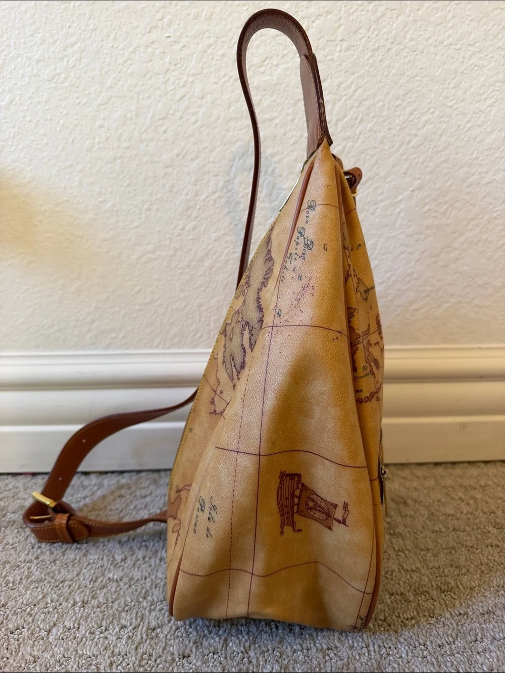 Vintage Alviero Martini 1A Classe Tan Map-Print Leather Sling Shoulder Bag